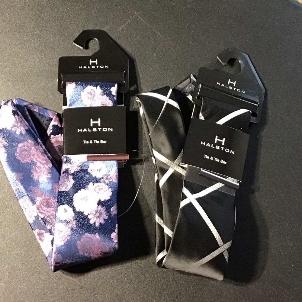 Halston Heritage Floral Blue and Geometric Black Tie Set With Tie BarBundle of 2